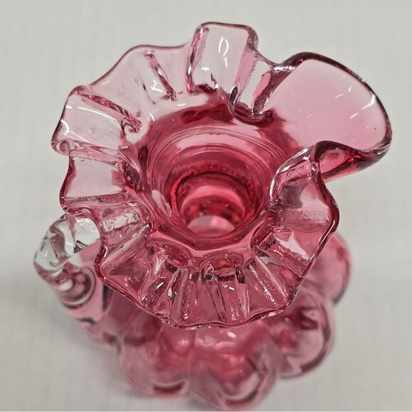 Vintage 60s Fenton Pitcher Vases Cranberry Glass Quilted Melon with Ruffled Edge - Picture 5 of 8